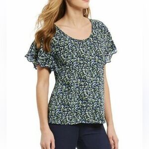 MICHAEL KORS WOMENS BLUE GREEN FLORAL FLUTTER SLEEVE BLOUSE TOP SIZE SMALL